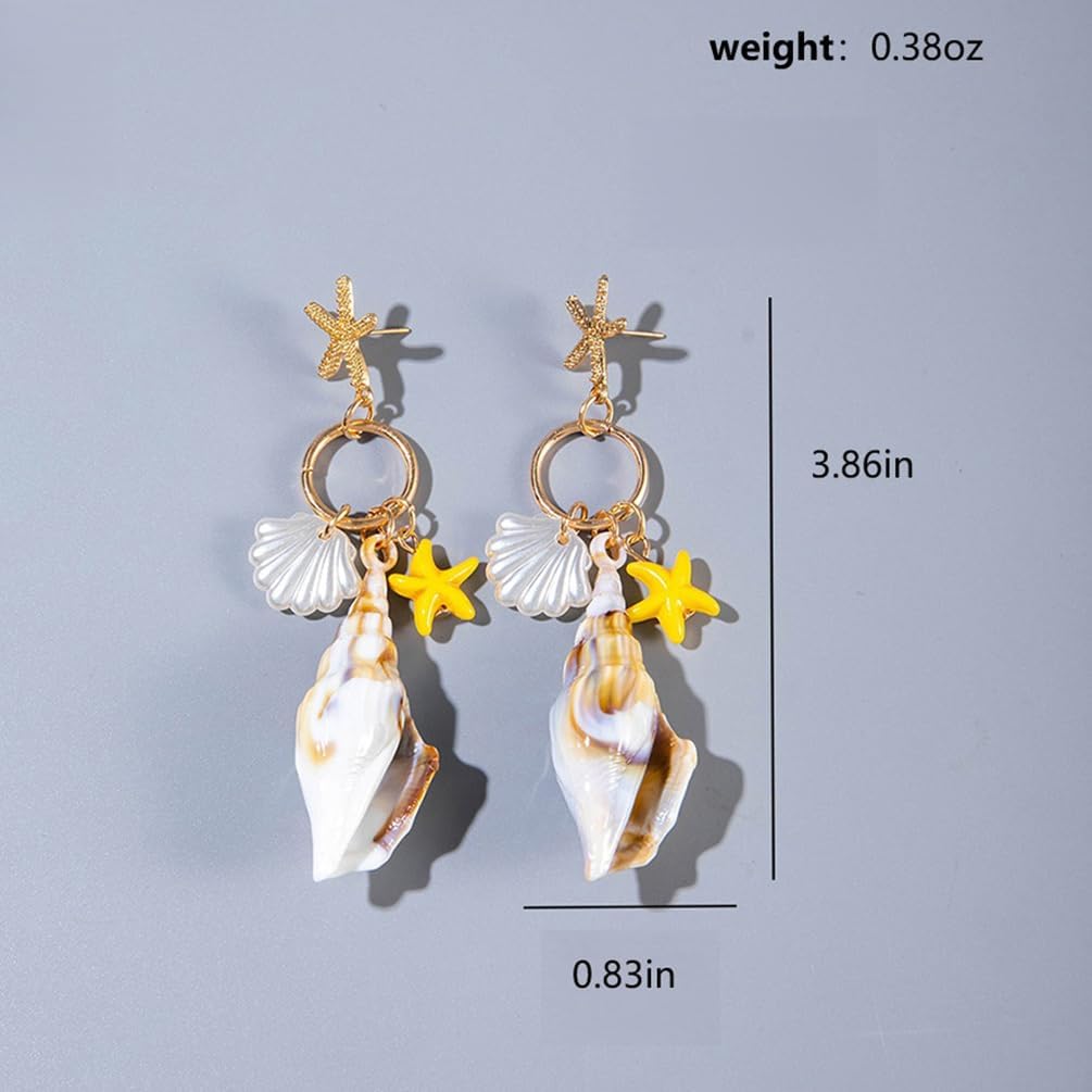 Boho Big Conch Starfish Seashell Dangle Earrings for Women, Dainty 14K Gold Sea Shell Circle Drop Stud Earring Holiday Beach Beachy Jewelry Accessories - Image 2