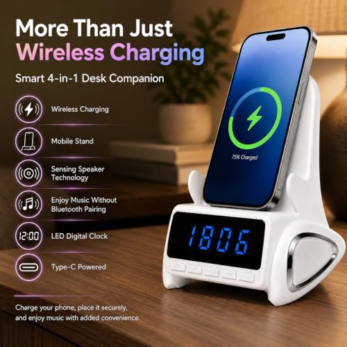 Image of One94Store 4-in-1 Wireless Charging Station with Bluetooth Speaker, LED Digital Clock, Phone Stand, Fast Qi Wireless Charger for iPhone, Samsung Galaxy & Android Devices