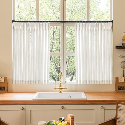 Image of Pinch Pleated Linen 36 Inch Length Kitchen Curtains 2 Panels Set Privacy Light Filtering Semi Sheer Boho Small Curtains Bathroom Window Neutral Sheer Short Cream Ivory Drapes for Front Door RV Camper