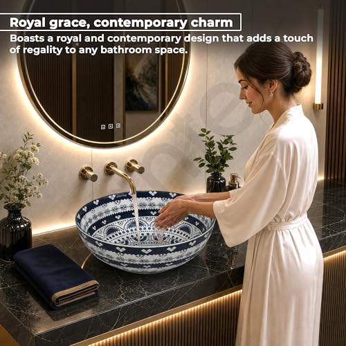 Image of Plantex Designer Ceramic Basin /Table Top Wash Basin for Bathroom /Round Countertop Vessel Sink Basin for Home /Restaurant (White Art, 16 x 16 x 6 Inch)