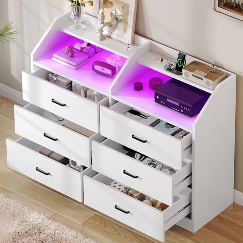 DWVO 6 Drawer Dresser for or Closet, Living Room, Entryway, Hallway, LED Light and Charging Station, Wide Drawer Organizer Cabinet for Office, Modern Chest of Drawers