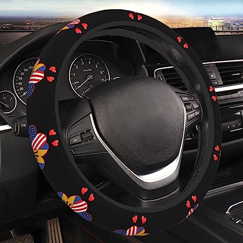 Hearts USA American and Barbados Flag Steering Wheel Cover for Men Women Anti-Slip Elastic Thickened Steering Wheel Cover Universal Fit 15 Inch