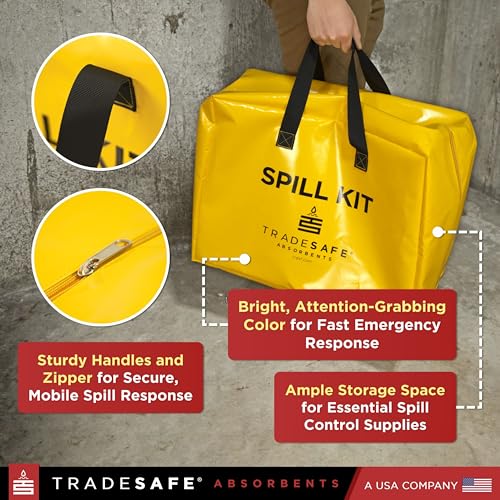 Image of TRADESAFE Universal Spill Kit OSHA Approved - Portable Spill Kit Bag for Emergency Response, 7-Gallon Capacity, Spill Absorbent Pads, Spill Socks, Pillow, Gloves, Goggles, Hazmat Bags, 19 Pieces
