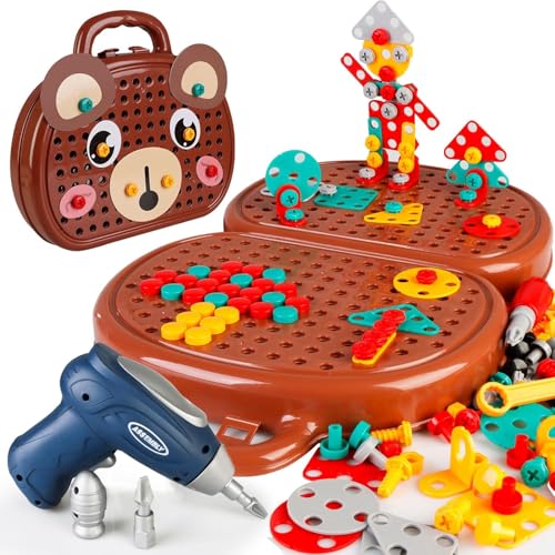 Magic Montessori Play Toolbox, Magic Montessori Play Toolbox Bear with Drill, 204 Pcs Creative Mosaic Puzzle Toy with Electric Drill Screw Tool Set for Kids (Brown