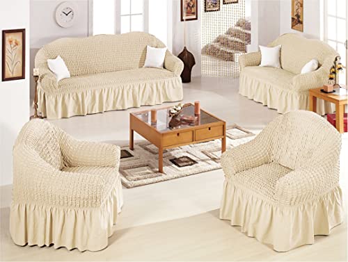 Image of House of Quirk Turkish Bubble Frill Five Seater 3 + 1 + 1 Sofa Slipcovers 280 GSM, Durable Washable Universal Triple Seater High Elastic Furniture Protector (Beige)
