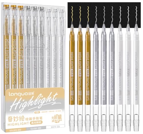 Joyask Gold Silver White Ink Gel Pens, 9 Packs Acrylic Gel Pens, 0.6MM Fine Point Pens for Coloring, Writing, Drawing, Journaling, Note Taking, Office, Home