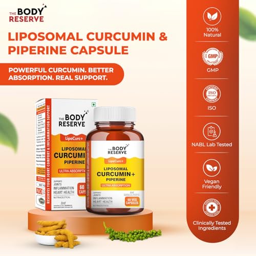 Image of The Body Reserve Liposomal Curcumin Capsules, 500mg with Piperine, Anti-Inflammatory Supplement for Adults Pure Turmeric Extract for High Absorption Joint & Heart Health Support - 60 Caps