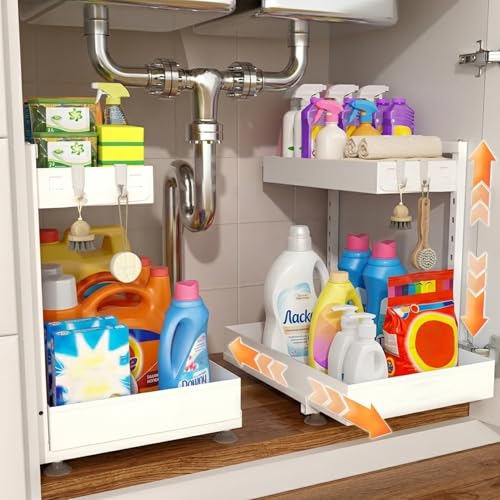 Under Sink Organizer 2 Pack, 2-Tier Metal Slide-Out, Height Adjustable | 2-pack pull-out under sink shelf, 2-tier cream white metal, adjustable height, fits U-pipes, 50lbs hold