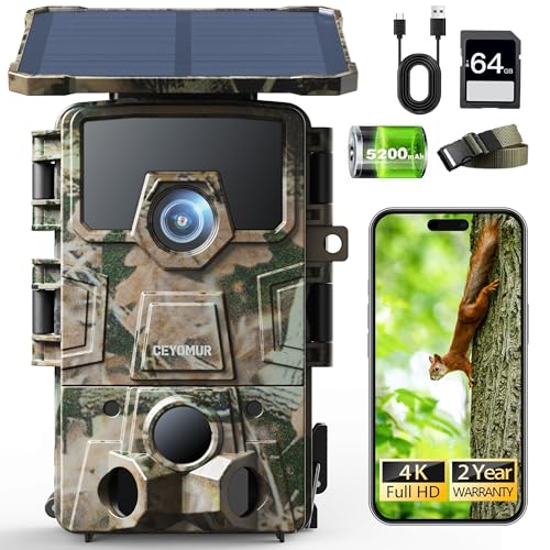 CEYOMUR Solaire Camera de Chasse, 4K 64MP 30fps WiFi 6 Caméra de Chasse avec Carte SD 64GB, 0,1s Activée par Mouvement IP66 Étanche Vision Nocturne, 5200mAh...