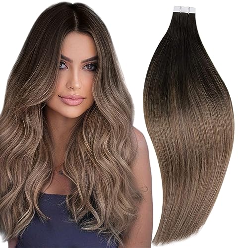 RUNATURE Tape in Hair Extensions Human Hair Dark Brown Tape Hair Extensions Real Human Hair 22 Inch Invisible Tapes Remy Straight Balayage Brown to Brown Hair 20pcs 50g #2/6/18