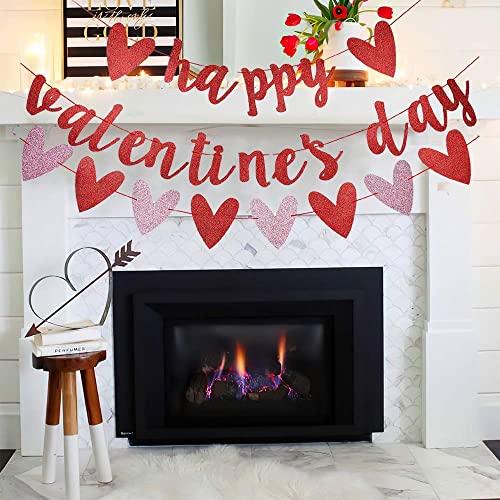 Image of FestikoHappy Valentine's Day Heart Banner, Glittery Heart Garland Banner for Valentines Day Decorations Party Supplies - Red & Pink