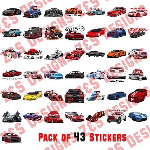 Image of Car Stickers Pack of 43 - Waterproof Vinyl Decals for Laptop, Water Bottle, Helmet & Skateboard | JDM Muscle Car Supercar F1 Racing Sticker Set | Scratch Proof Heavy Duty Decals for Boys & Teens