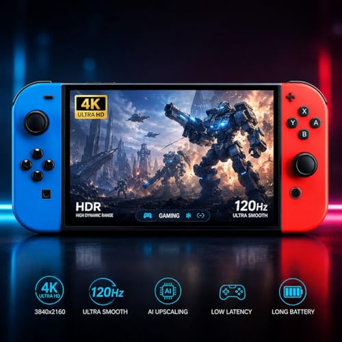 Image of G90 7-Inch Full HD Handheld Video Game Console with 21+ Emulators, 64GB Preloaded Games, Wireless Gaming Controller, Professional Gaming Chip, Portable Retro Arcade Gaming Console for Kids & Adults (Red & Blue)