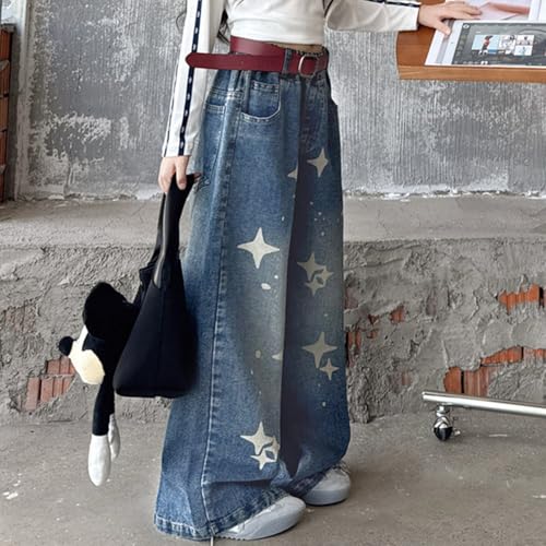 Viatabuna Baggy Jeans for Girls Elastic Waisted Y2k Star Wide Leg Denim Pants Kids Cute Pull On Jeans with Pockets 5-4 Years4