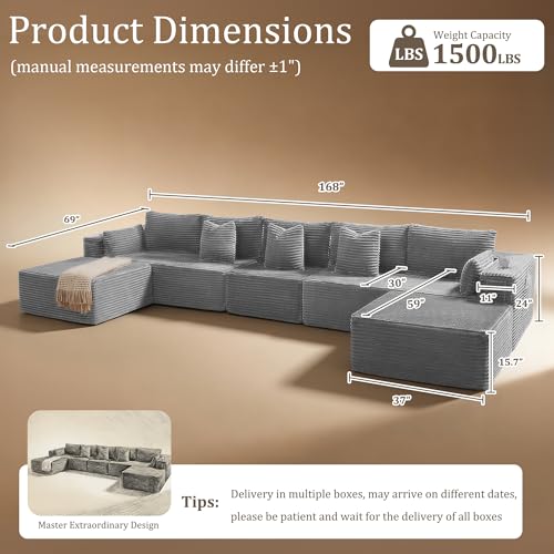 Image of 168 inch Cloud Sectional Couch, Comfort U Shaped Sofa for Living Room, Extra Deep Seats No Assembly, Minimalist Modular Couch, Corduroy (Light Grey, 7 Seats,U-Shape A)