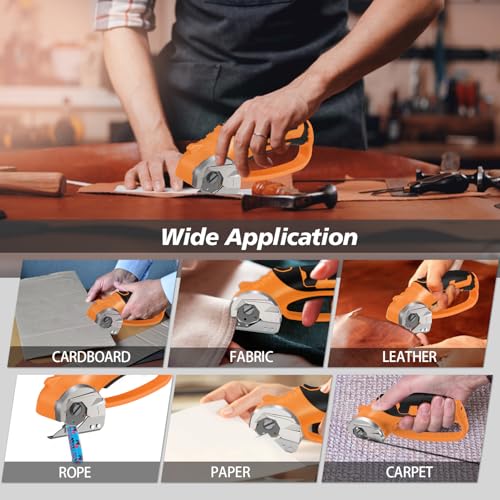 Image of Cordless Electric Scissors, 4V Rechargeable Box Cutter & Cardboard Cutter with LED Light, Safety Lock - Rotary Cutter for Fabric, Leather, Carpet, Plastic, Crafting, Sewing with Storage Box (Orange)