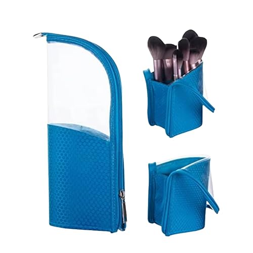 couragejoy Travel Make-up Brush Holder Organizer Bag,Clear Plastic&Oxford Cosmetic Zippered Case,Portable Waterproof Stand-Up Makeup Brush Pouch (blue)