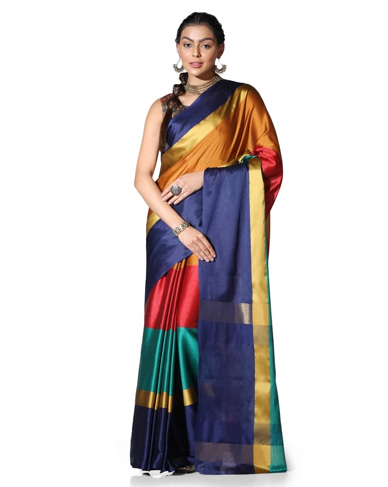 Saree for Women | Cotton Silk Color-Block Saree With Stitched Blouse Readymade | Ethnic Saree With Tassel On Pallu & Tiny Lines | Festival | Function Wear Indian Saree