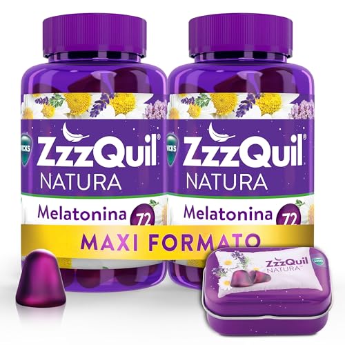 ZzzQuil Natura Gummies de Melatonina 1mg con Valeriana, Camomila, Vitamina B6 y Extractos de Plantas, Complemento Alimenticio para dormir sabor Frutos del Bosque, 144 Gummies (2x72) y Cajita de viaje