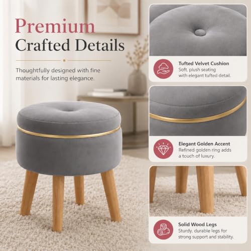 Image of Ottoman Stool for Living Room Foot Rest | Velvet Small Ottoman Foot Stool | Solid Wood Legs | Footstool Puffy for Home, Bedroom & Makeup Table | 30 x 30 cm (12 x 12 Inch) | Grey