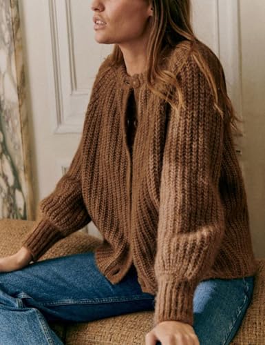 Watashi Women's Casual Long Sleeve Cardigan Round Neck Solid Color Sweater3