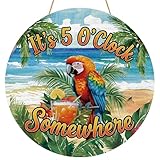 YINENA It's 5 O'Clock Somewhere ドアサイン 夏 オウム 鳥 木製ドアハンガー 屋外ポーチ装飾 サマービーチ 農家 リース 屋内 壁掛け 装飾