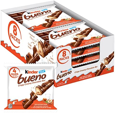Kinder Bueno Milk Chocolate and Hazelnut Cream, 2 Packs, 2 Individually Wrapped Chocolate Bars, 1.5 oz each, Bulk 8 Pack