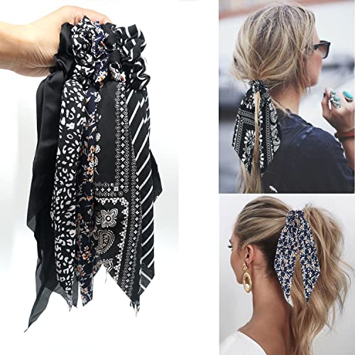 Scarf Scrunchie For Hair Black 2 In 1 Scarves Scrunchies Floral/Stripped Hair Ribbon Ties Chiffon / Silk Ponytail Holder Long Tail Bow Knotted Fashion Vintage Bandana Hair Scrunchy For Women (5Pcs) #TOP5