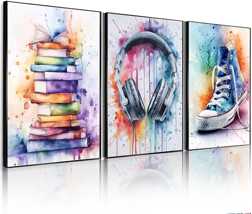 Image of Frimeeme 3Pcs Headphones Books Sneakers Print Poster, 12x16 inches