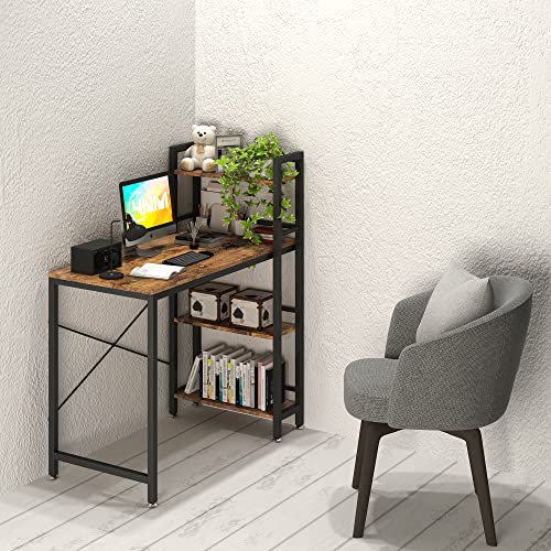 4Nm 35" Small Computer Desk With 4-Tier Bookshelf, Home Office Desk Writing Workstation Study Table Multipurpose For Small Space Work - Rustic Brown And Black #TOP1