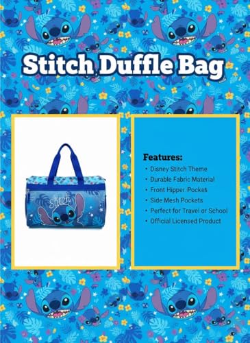 Image of Disney Stitch Kids' Duffle Bag - Lilo & Stitch Travel Gym Bag with Adjustable Strap, Mesh Side Pockets & Zipper Pocket