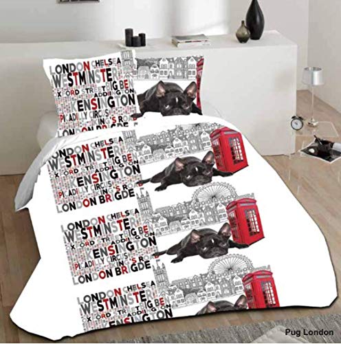 D&H CLOTHING UK Parure de lit de avec Housse de Couette et taie d'oreiller, Pug London, Double