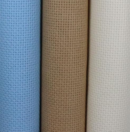 Image of KCS 3 pc of 15 inch x 18 inch(38cmx45cm) 16 Count Cross Stitch Cotton Aida Cloth Needlework Rolled Fabric Box,16CT,Light Blue+Khaki+Antique White