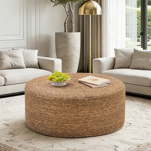 WROCFURSTAR 30 Round Wicker Cattail Coffee TableHandwoven Accent Coffee Table with Wood Structures Boho Coastal Coffee Tables for Living Room