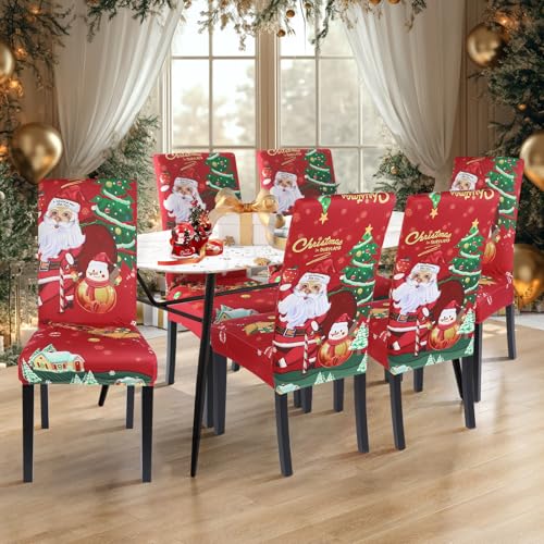 Image of SearchI Christmas Dining Room Chair Covers Set of 8, Stretch Xmas Chair Slipcovers Protector, Spandex Washable Kitchen Parsons Chair Cover for Dining Room,Christmas Decor,Holiday Party(Santa Claus)