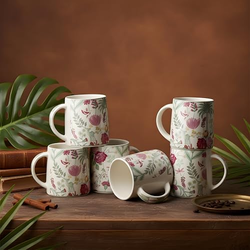 Image of Miah VintageBloom Ceramic Cup Set - Set of 6 | 10.16 cm x 6.85 cm x 8.89 cm | Handcrafted Coffee & Tea Mugs | Microwave & Dishwasher Safe | Timeless Classic Floral Design