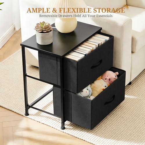 Image of Nightstand, 2 Drawer Dresser Bedside Storage Furniture, Small Dresser with 2 Drawers, End Table with Fabric for Bedroom, Closet, Entryway, College Dorm, Black