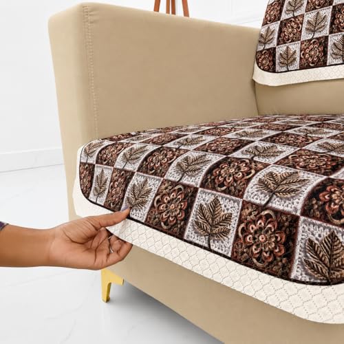 Image of Homerz Premium 'Maharaja Paradise Series' Sofa Cover | Net Fabric Sofa Cover | Washable, Anti-Dust Backed & Wrinkle Resistant Cover (Leafy Checks, 1 Seater, Seat Cover with Backrest)