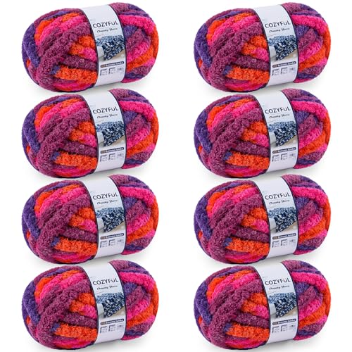 Image of Cozyful Chunky Yarn for Hand Knitting - #10 Chunky Chenille Blanket Yarn, Jumbo Big Thick Chunky Yarns for Crocheting, Tie Dye Bulky Knit Yarns, 8 Skein (20 yds 8 oz Each Skein), Orange&Rose&Purple