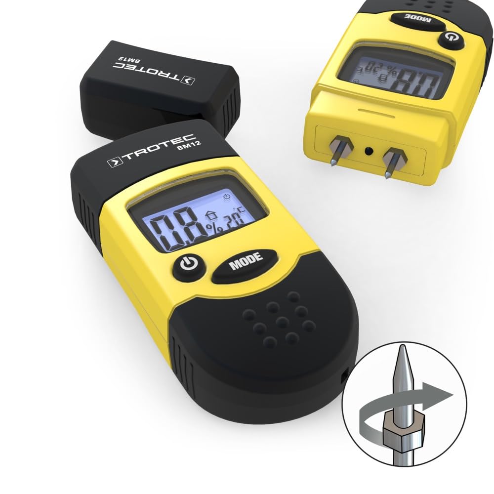 TROTEC BM12 Humidimètre - Testeur d'humidité à broches professionnel, compact, écran lumineux rétro-éclairé - pour bois de chauffage, matériaux divers