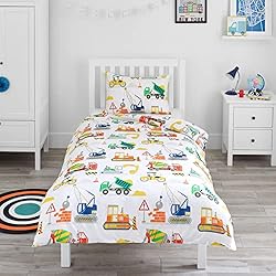Funda Nordica Infantil Coches Bloomsbury Mill - Juego de Funda Nórdica Reversible para Niños – Vehículos de Construcción - Camiones, Excavadoras y Grúas- Juego de Edredón Individual y Almohadas - 135 x 200 cm