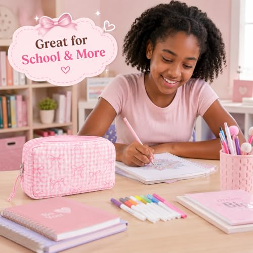 Image of LEDAOU Cute Pencil Case for Kids Girls Boys Pencil Pouch kawaii Pen Pencil Box Bag Holder for School Students (Corduroy Pink Bow Checkered)