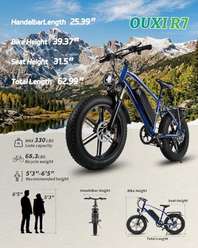Image of OUXI Electric Bike for Adults, Peak 1000W Electric Mountain Bicycle 48V13Ah Removable Battery, 20″ Fat Tire Ebike with Adjustable Seat, Rear Rack, UL 2849 Certified