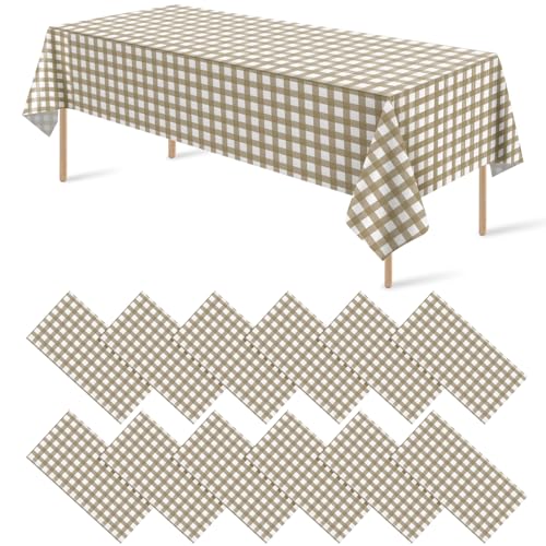 Image of 12 Pack Brown and White Plastic Checkered Tablecloth, Premium Decorative Disposable Tan Gingham Plaid Table Cloths for Parties, Rectangle Party Table Cover for Picnic Farm Birthday Fall, 54x108 Inch
