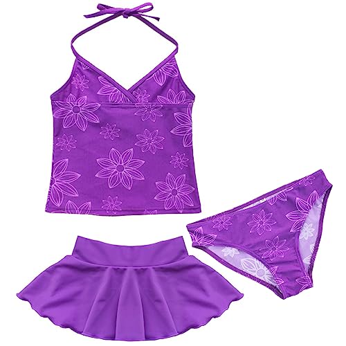 FEESHOW Kids Girls Floral Tankini Swimsuit Swimwear Bathing Suit Halter Bikini Top with Swim Briefs Skirt