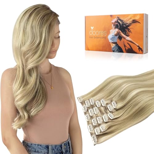 Image of DOORES Human Hair Extensions Clip in Balayage Light Blonde Highlighted Golden Blonde 18 Inch 120g 7pcs Clip in Hair Extensions Natural Straight Hair Extensions