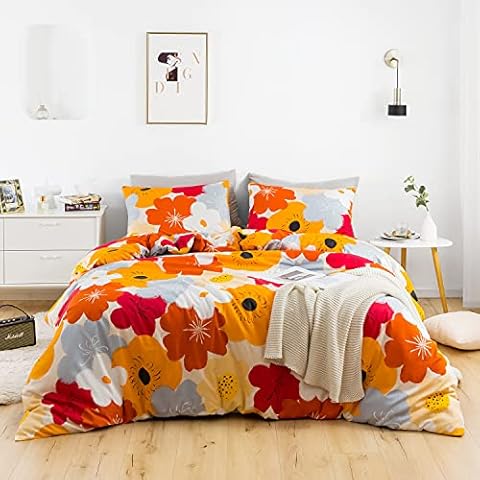 SUSYBAO Orange Flower Duvet Cover King 100% Cotton Burnt Orange Floral Duvet Cover Set 3 Piece 1 Colorful Botanical Duvet Cover with Zipper Ties 2 Pillowcases Luxury Soft Orange Bedding Set Breathable Cover