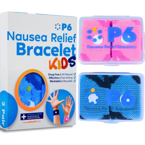 P6 Motion Sickness Bands for Kids Childrens Wristbands for Anti Nausea Sea Cruise Travel Car Sickness All-Natural Non Drowsy Relief Acupressure Treatment (2 Pack Pink - Blue)