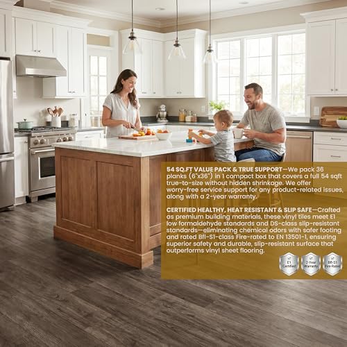 Image of Waterproof Peel and Stick Floor Tile, 54 Sq.Ft Walnut Brown Vinyl Wood Flooring, Easy DIY-Install & Durable for Kitchen, Bedroom, Bathroom, RVs, Rental-Friendly (36-Planks 6 inchx36 inch)