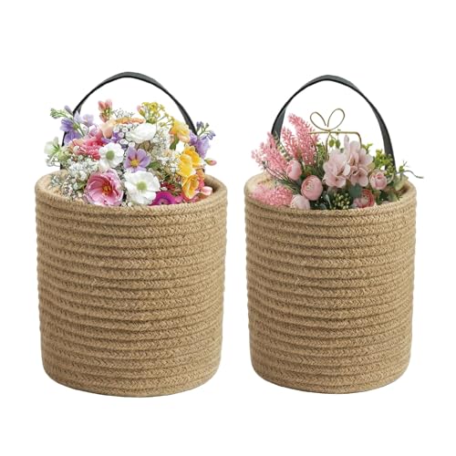 Jute Hanging Basket Wall with Handle, Flower Plants Basket Set, Woven Wall Decor for Home Garden Set of 2 (one Large, one Small)
